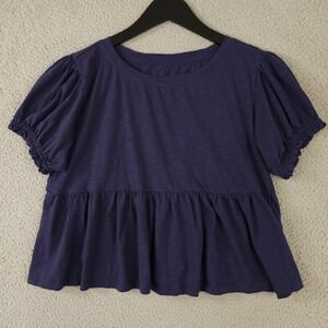 Anthropologie Shirt Womens Small Blue Swingy Puff Sleeve Tee Cropped Boho Casual